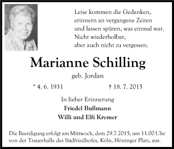 Anzeige von Marianne Schilling von Kölner Stadt-Anzeiger / Kölnische Rundschau / Express