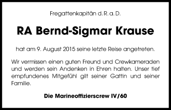 Anzeige von Bernd-Sigmar Krause von Kölner Stadt-Anzeiger / Kölnische Rundschau / Express