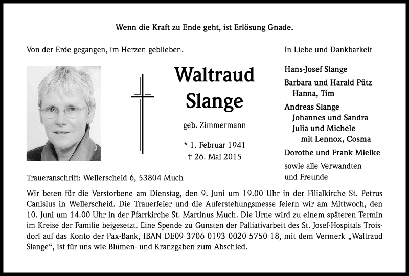  Traueranzeige für Waltraud Slange vom 06.06.2015 aus Kölner Stadt-Anzeiger / Kölnische Rundschau / Express