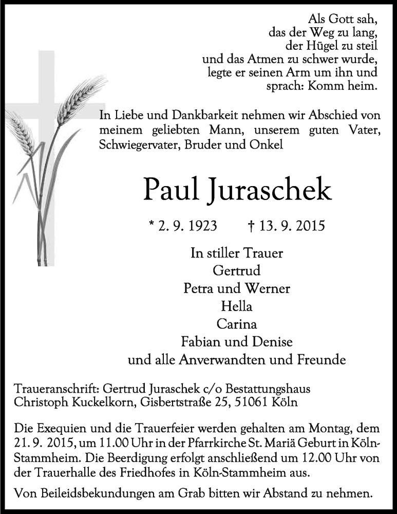  Traueranzeige für Paul Juraschek vom 16.09.2015 aus Kölner Stadt-Anzeiger / Kölnische Rundschau / Express