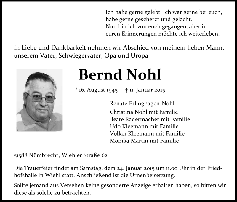  Traueranzeige für Bernd Nohl vom 16.01.2015 aus Kölner Stadt-Anzeiger / Kölnische Rundschau / Express