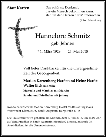 Anzeige von Hannelore Schmitz von Kölner Stadt-Anzeiger / Kölnische Rundschau / Express