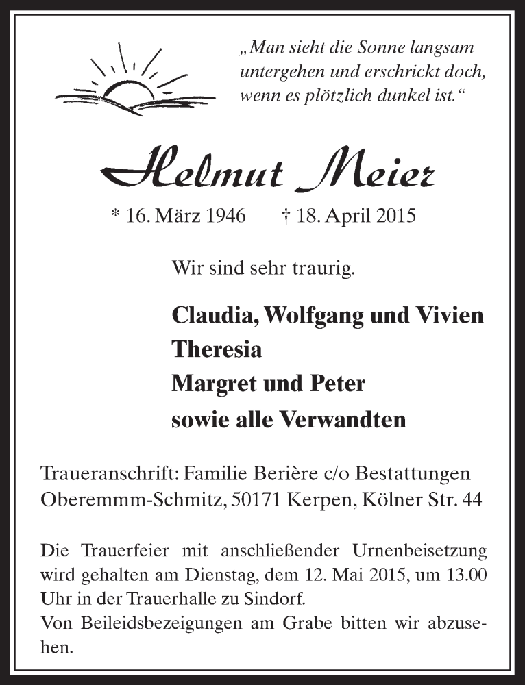 Traueranzeige für Helmut Meier vom 06.05.2015 aus  Werbepost 