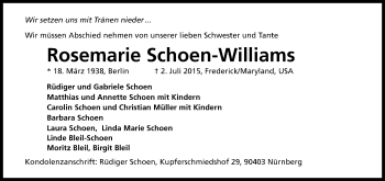 Anzeige von Rosemarie Schoen-Williams von Kölner Stadt-Anzeiger / Kölnische Rundschau / Express