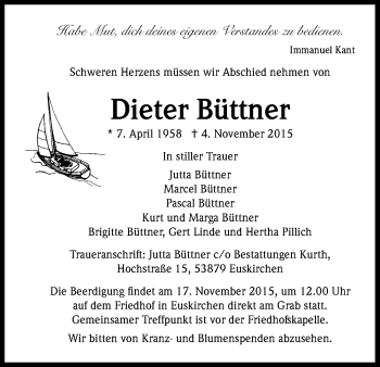Anzeige von Dieter Büttner von Köln - Wir Trauern