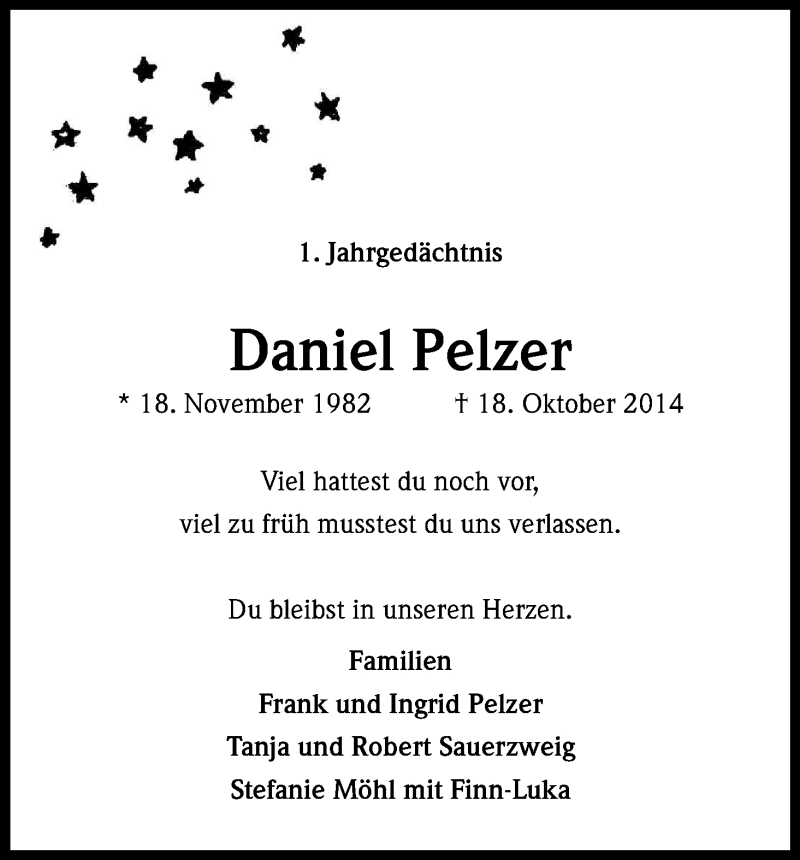 Traueranzeige für Daniel Pelzer vom 17.10.2015 aus Kölner Stadt-Anzeiger / Kölnische Rundschau / Express