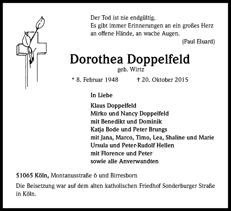  Traueranzeige für Dorothea Doppelfeld vom 31.10.2015 aus Kölner Stadt-Anzeiger / Kölnische Rundschau / Express