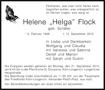 Anzeige von Helene Flock von Kölner Stadt-Anzeiger / Kölnische Rundschau / Express
