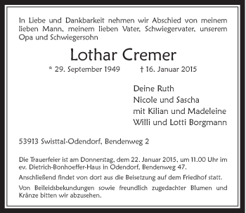 Anzeige von Lothar Cremer von  Schaufenster/Blickpunkt 