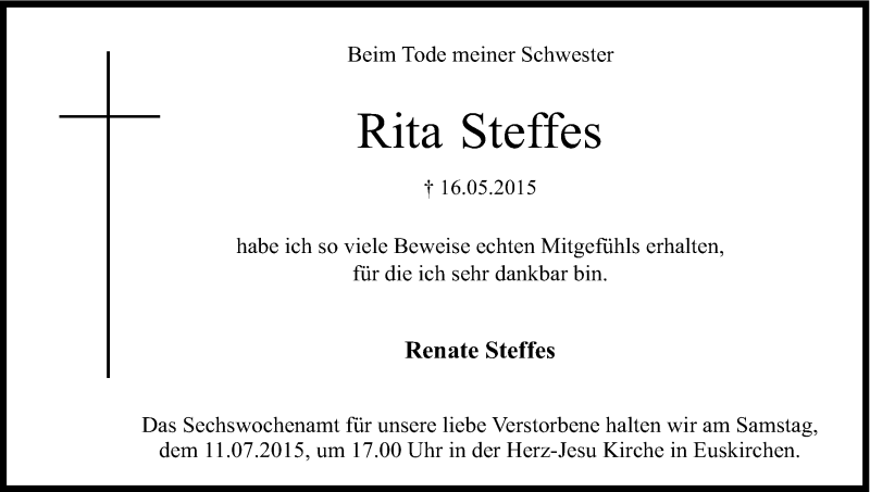  Traueranzeige für Rita Steffes vom 01.07.2015 aus Kölner Stadt-Anzeiger / Kölnische Rundschau / Express