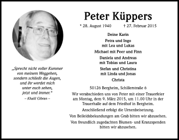 Anzeige von Peter Küppers von Kölner Stadt-Anzeiger / Kölnische Rundschau / Express