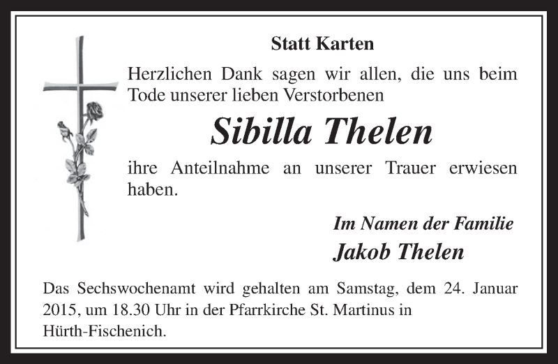 Traueranzeige für Sibilla Thelen vom 21.01.2015 aus  Wochenende 