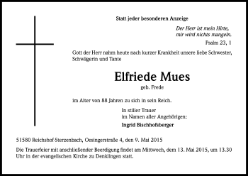 Anzeige von Elfriede Mues von Kölner Stadt-Anzeiger / Kölnische Rundschau / Express