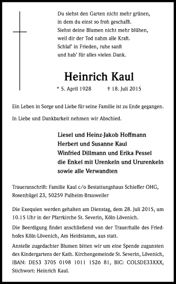 Anzeige von Heinrich Kaul von Kölner Stadt-Anzeiger / Kölnische Rundschau / Express