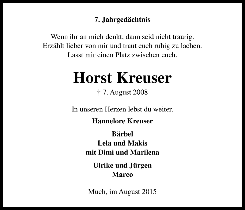  Traueranzeige für Horst Kreuser vom 07.08.2015 aus Kölner Stadt-Anzeiger / Kölnische Rundschau / Express