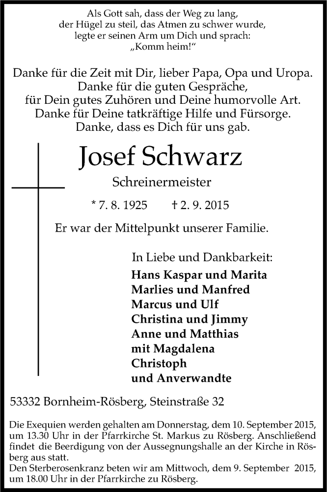  Traueranzeige für Josef Schwarz vom 05.09.2015 aus Kölner Stadt-Anzeiger / Kölnische Rundschau / Express