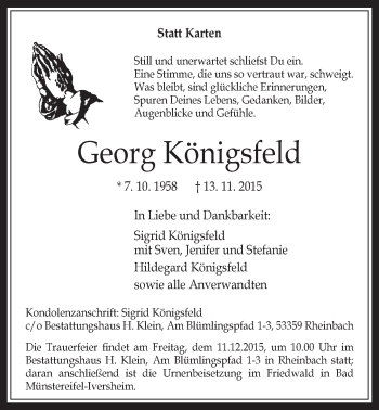 Anzeige von Georg Königsfeld von  Schaufenster/Blickpunkt 