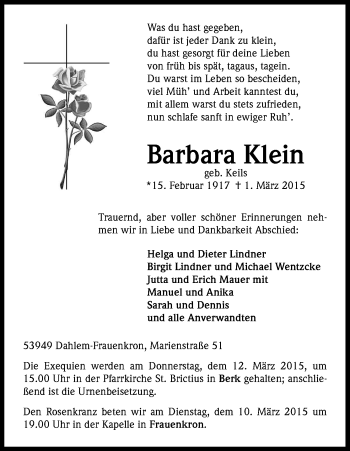 Anzeige von Barbara Klein von Kölner Stadt-Anzeiger / Kölnische Rundschau / Express