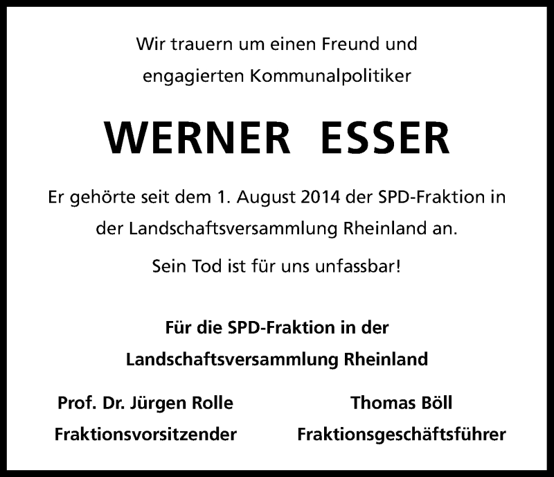  Traueranzeige für Werner Esser vom 19.09.2015 aus Kölner Stadt-Anzeiger / Kölnische Rundschau / Express