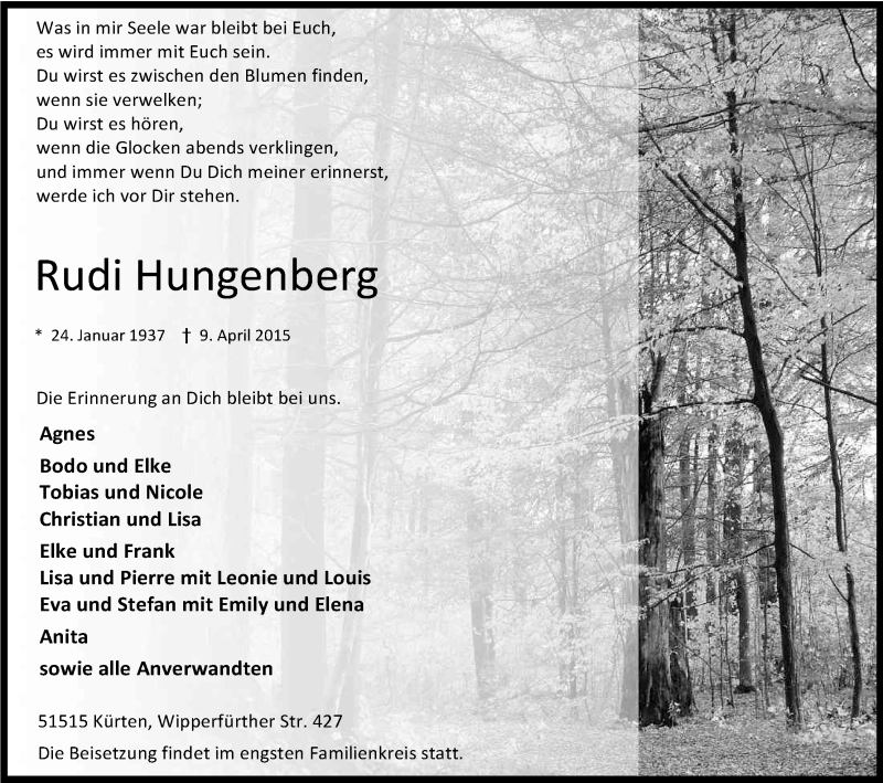  Traueranzeige für Rudi Hungenberg vom 14.04.2015 aus Kölner Stadt-Anzeiger / Kölnische Rundschau / Express