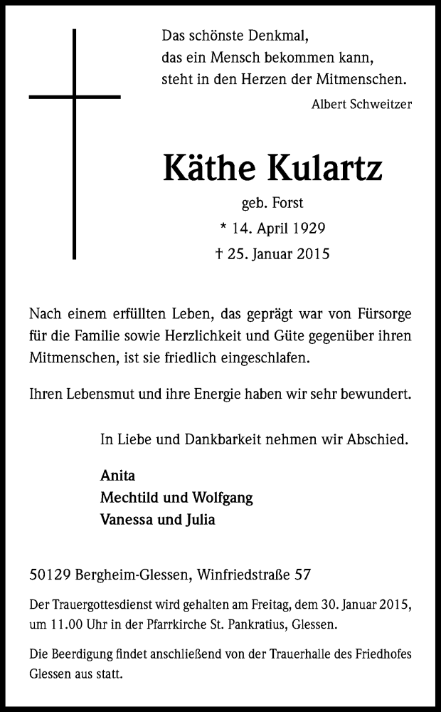  Traueranzeige für Käthe Kulartz vom 28.01.2015 aus Kölner Stadt-Anzeiger / Kölnische Rundschau / Express