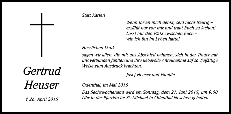  Traueranzeige für Gertrud Heuser vom 06.06.2015 aus Kölner Stadt-Anzeiger / Kölnische Rundschau / Express