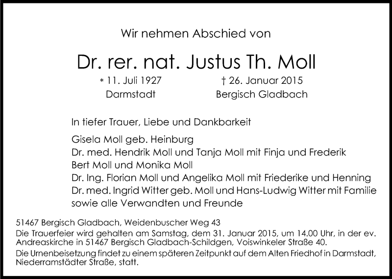  Traueranzeige für Justus Moll vom 29.01.2015 aus Kölner Stadt-Anzeiger / Kölnische Rundschau / Express