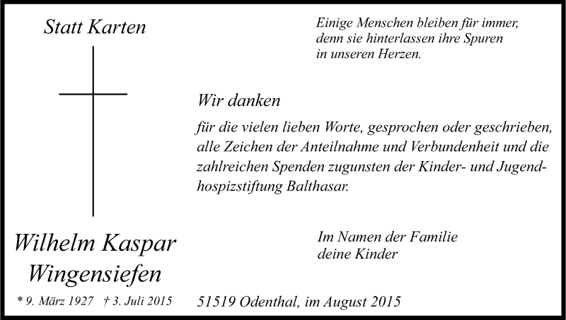  Traueranzeige für Wilhelm Kaspar Wingensiefen vom 01.08.2015 aus Kölner Stadt-Anzeiger / Kölnische Rundschau / Express