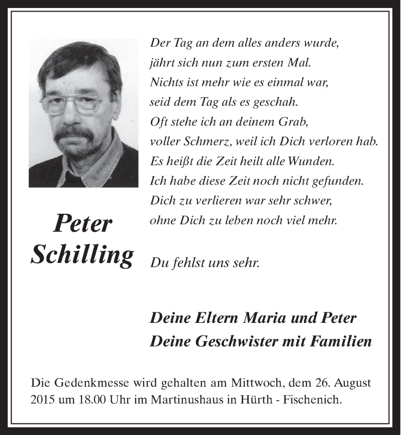  Traueranzeige für Peter Schilling vom 19.08.2015 aus  Schlossbote/Werbekurier 