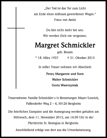 Anzeige von Margret Schmickler von Kölner Stadt-Anzeiger / Kölnische Rundschau / Express