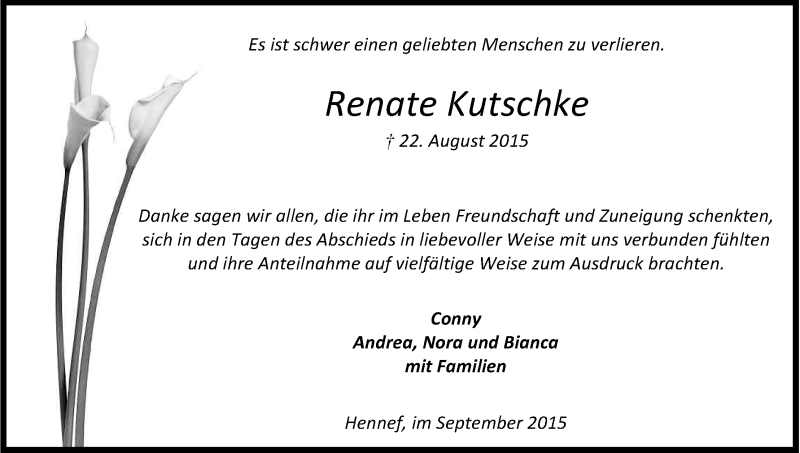  Traueranzeige für Renate Kutschke vom 12.09.2015 aus Kölner Stadt-Anzeiger / Kölnische Rundschau / Express