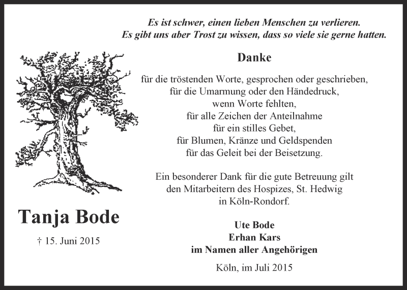  Traueranzeige für Tanja Bode vom 08.07.2015 aus  Kölner Wochenspiegel 