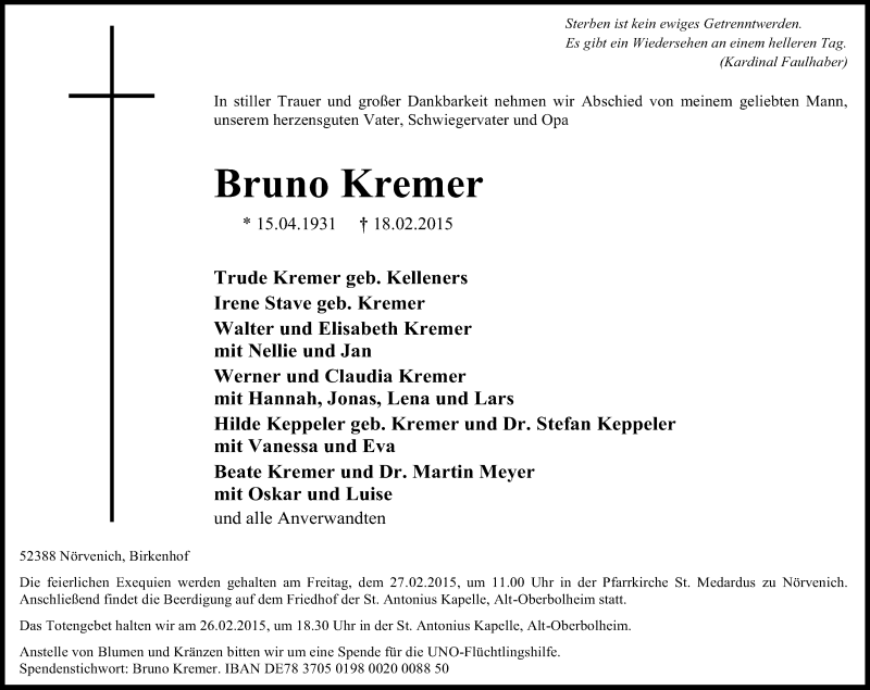  Traueranzeige für Bruno Kremer vom 21.02.2015 aus Kölner Stadt-Anzeiger / Kölnische Rundschau / Express