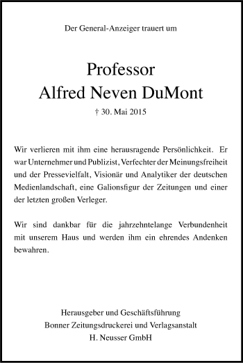 Anzeige von Alfred Neven DuMont von Kölner Stadt-Anzeiger / Kölnische Rundschau / Express