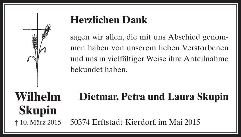  Traueranzeige für Wilhelm Skupin vom 27.05.2015 aus  Werbepost 