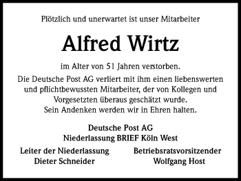 Anzeige von Alfred Wirtz von Kölner Stadt-Anzeiger / Kölnische Rundschau / Express