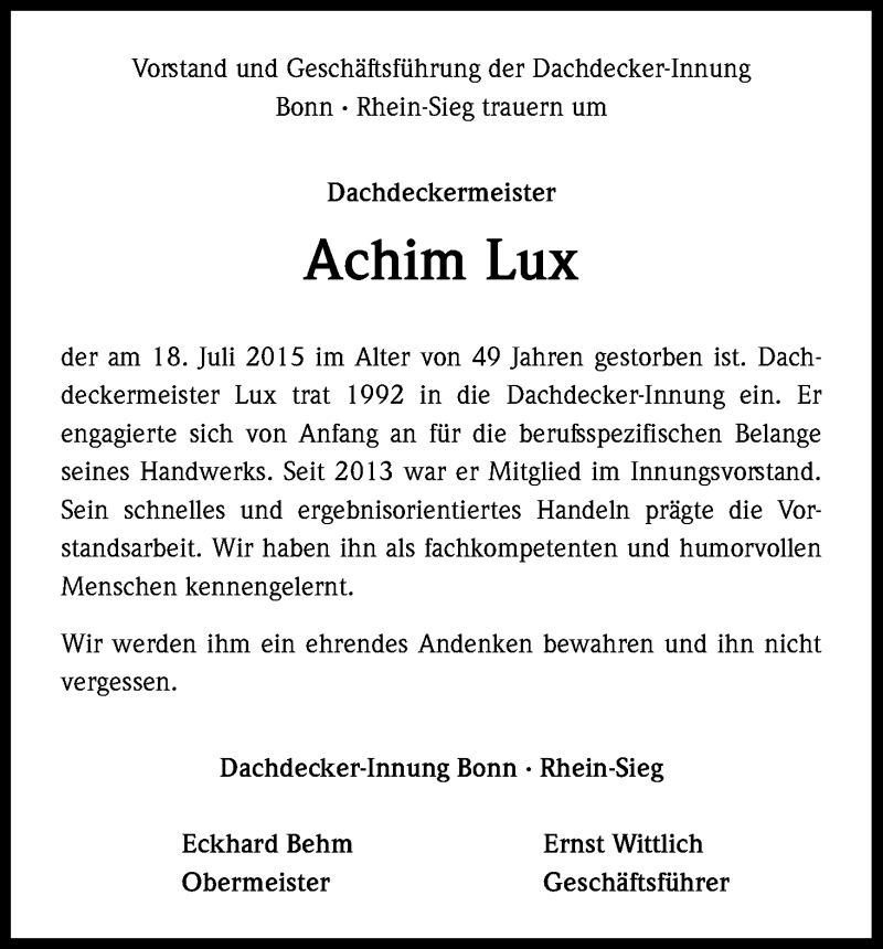  Traueranzeige für Achim Lux vom 25.07.2015 aus Kölner Stadt-Anzeiger / Kölnische Rundschau / Express