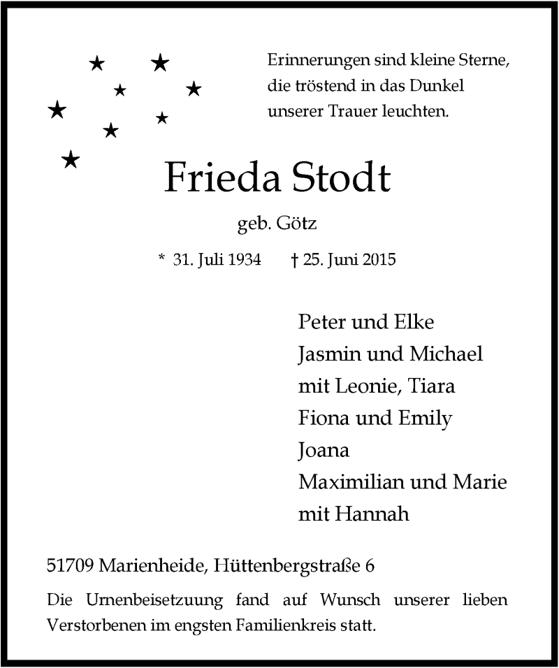  Traueranzeige für Frieda Stodt vom 08.07.2015 aus  Anzeigen Echo 