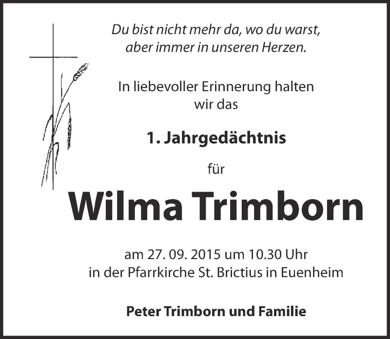 Traueranzeige für Wilma Trimborn vom 20.09.2015 aus  Blickpunkt Euskirchen 