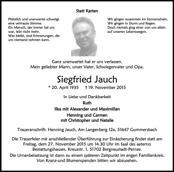Anzeige von Siegfried Jauch von Kölner Stadt-Anzeiger / Kölnische Rundschau / Express