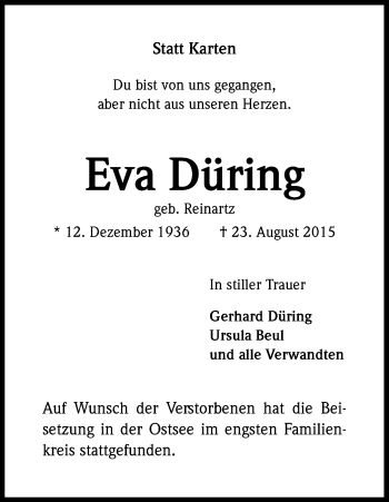 Anzeige von Eva Düring von Kölner Stadt-Anzeiger / Kölnische Rundschau / Express