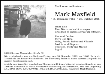 Anzeige von Mark Maxfield von Kölner Stadt-Anzeiger / Kölnische Rundschau / Express
