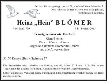Anzeige von Heinz Blömer von  Sonntags-Post 