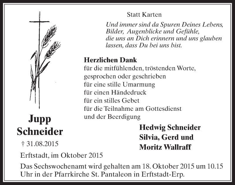  Traueranzeige für Jupp Schneider vom 07.10.2015 aus  Werbepost 