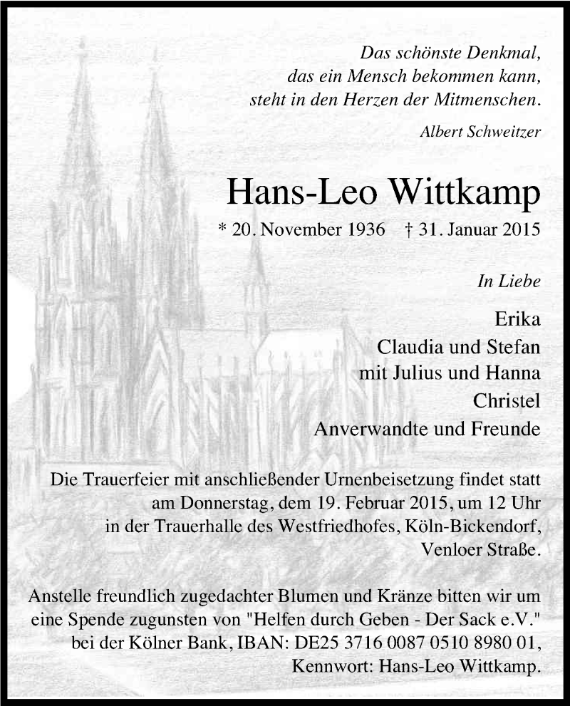  Traueranzeige für Hans-Leo Wittkamp vom 11.02.2015 aus Kölner Stadt-Anzeiger / Kölnische Rundschau / Express