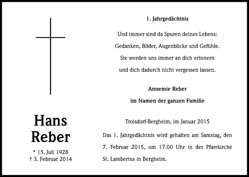 Traueranzeige für Hans Reber vom 31.01.2015 aus Kölner Stadt-Anzeiger / Kölnische Rundschau / Express