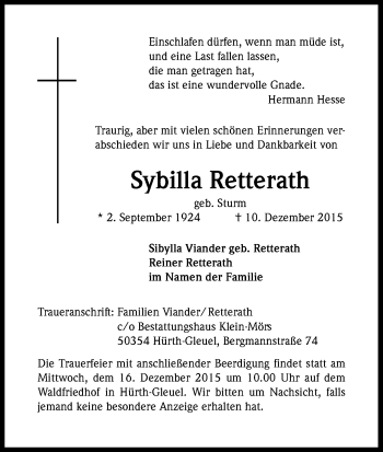 Anzeige von Sybilla Retterath von Kölner Stadt-Anzeiger / Kölnische Rundschau / Express