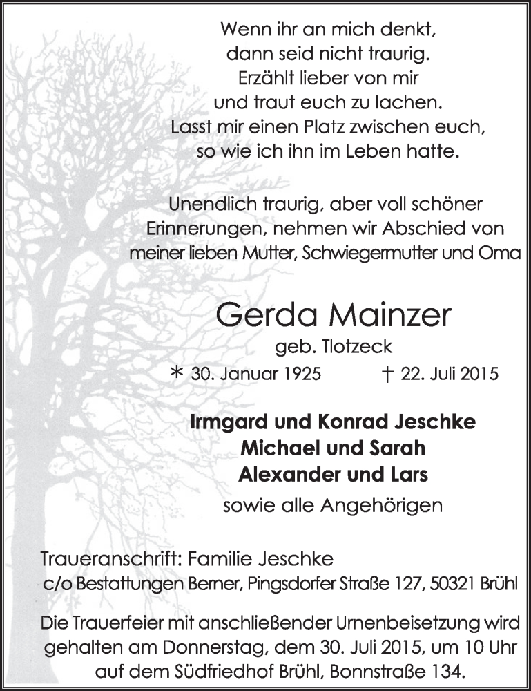  Traueranzeige für Gerda Mainzer vom 29.07.2015 aus  Schlossbote/Werbekurier 