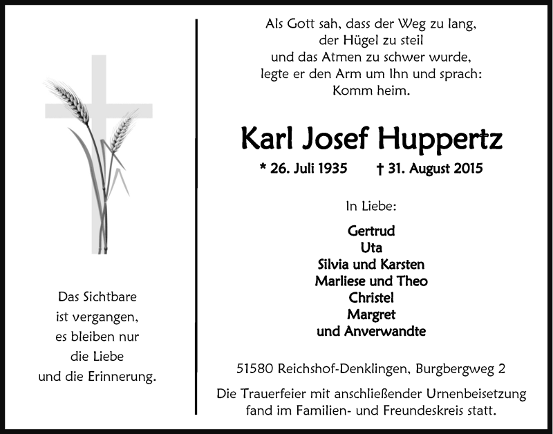  Traueranzeige für Karl Josef Huppertz vom 09.09.2015 aus  Lokalanzeiger 