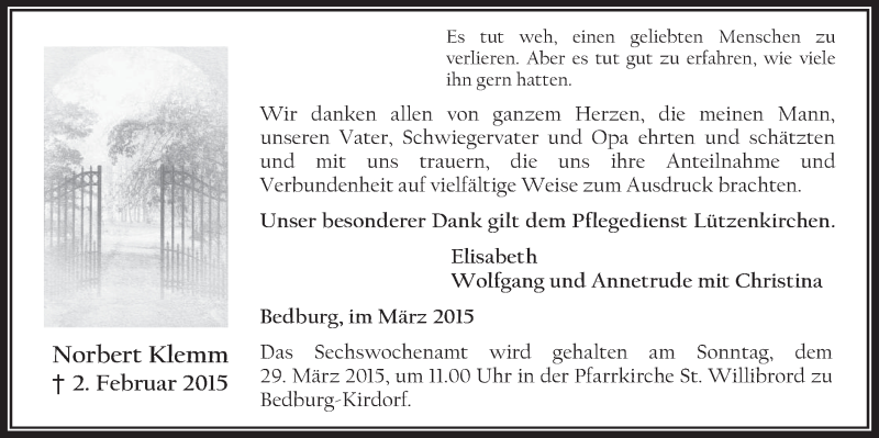  Traueranzeige für Norbert Klemm vom 18.03.2015 aus  Werbepost 